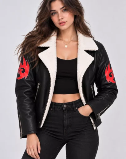 Woman modeling a Shadow the Hedgehog black jacket with faux leather finish, sherpa collar, and red sleeve details