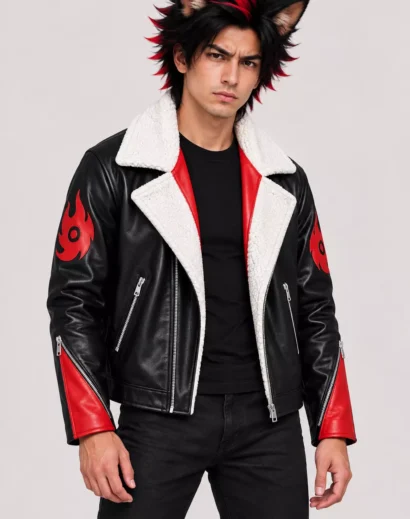 Man wearing a Shadow the Hedgehog costume jacket with black leather styling, red accents, and faux fur collar