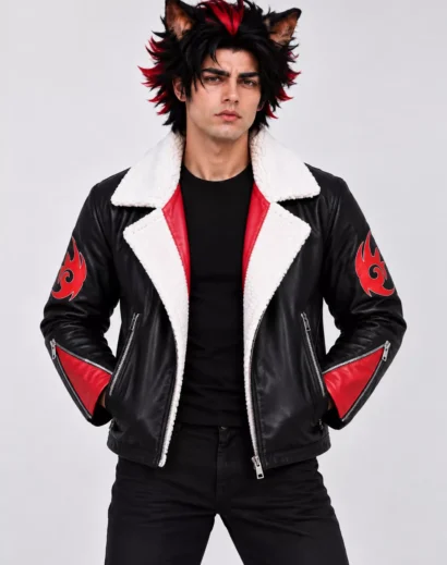 Man wearing a Shadow the Hedgehog faux leather biker jacket with red flame details and sherpa collar