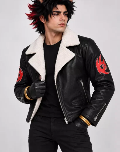 Man wearing a Shadow the Hedgehog leather jacket with white sherpa collar, red flame emblems, and black faux leather for cosplay