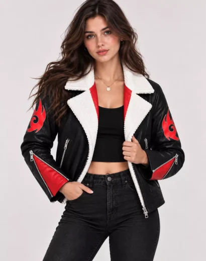 Woman wearing a Shadow the Hedgehog leather jacket with white sherpa collar and red flame emblems for cosplay