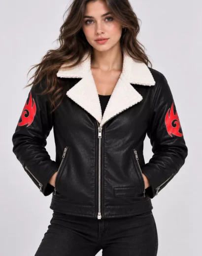 Woman wearing a Sonic-inspired black leather cosplay jacket with sherpa collar and red flame emblems for Halloween
