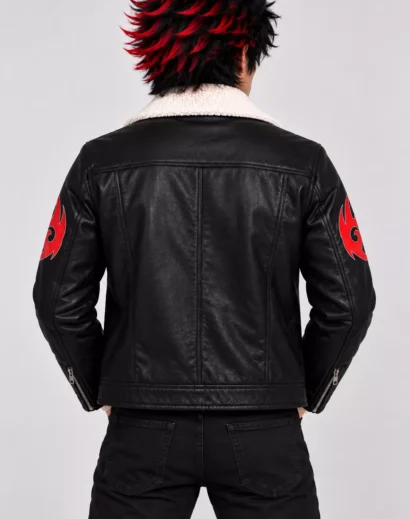 Man wearing a Shadow cosplay jacket inspired by Sonic the Hedgehog with black leather, sherpa collar, and flame emblems