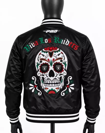 Black mannequin showcasing the back of a Viva Los Raiders Sugar Skull Jacket with large embroidered skull artwork