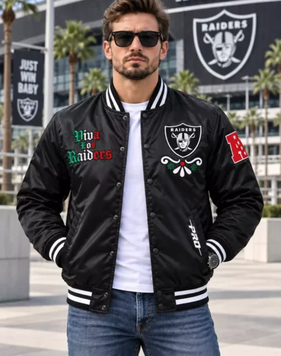 Man wearing a Viva Los Raiders Sugar Skull Black Satin Jacket for Men's with Embroidery Patches