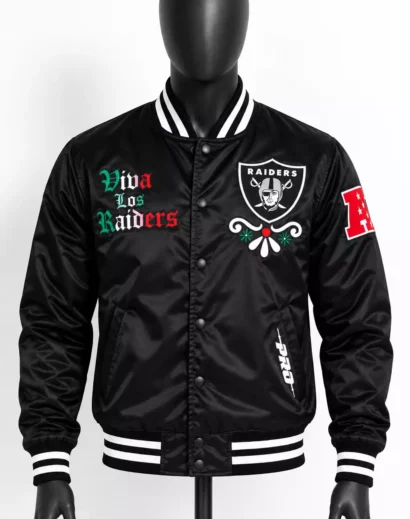Black mannequin displaying the Viva Los Raiders Sugar Skull Varsity Jacket with front embroidery patches