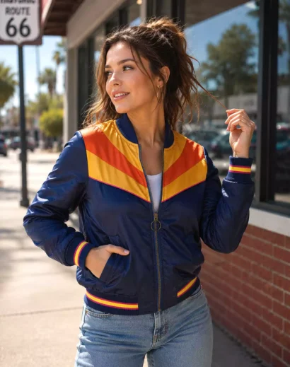 Woman wearing a closed retro bomber jacket with colorful sunset-inspired chevron detailing