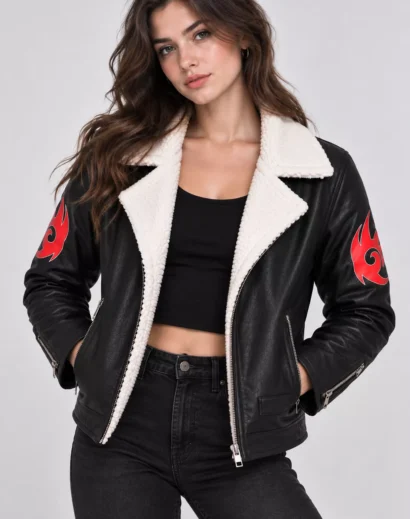 Woman wearing a Shadow the Hedgehog inspired fur cosplay leather jacket with red details and silver zippers