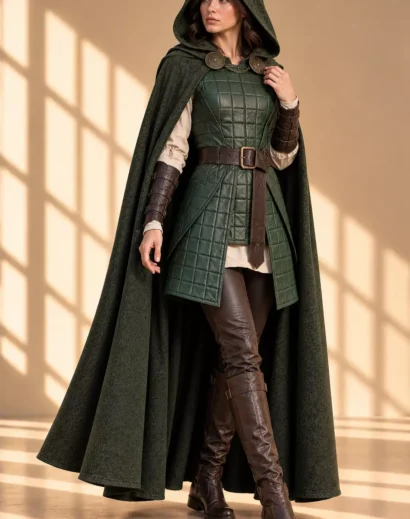women-wool-cloak-coat-medieval-costume Women wool cloak coat styled with a green medieval cloak, leather armor and Renaissance cosplay costume details