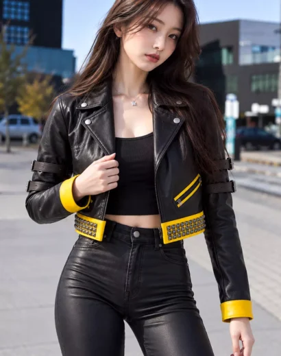 Front view of womens Canary crop leather jacket, black yellow studded biker moto jacket on mannequin
