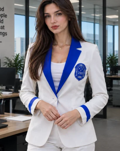 Zeta Phi Beta Sorority women white blazer jacket featuring a custom royal blue lapel, ZPB 1920 crest, and formal Greek life design