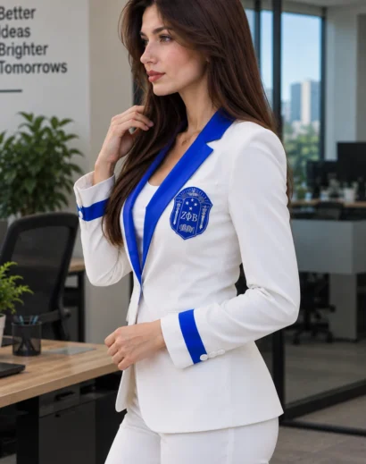 Zeta Phi Beta women white coat shown from the side with royal blue accents, custom handmade tailoring, and embroidered sorority details