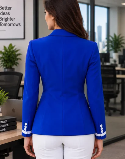 Zeta Phi Beta coat women royal blue back view with white cuff detailing and a custom Sorority Rowing Jacket inspired formal style