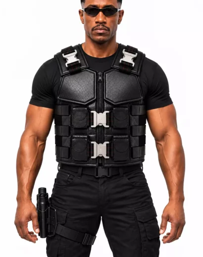 Front view of a black armored leather vest displayed on a mannequin, highlighting padded panels, red-stitched straps, metal buckles and layered tactical pouches.