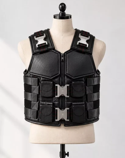 Black leather tactical vest worn by a male model, featuring padded chest armor panels, silver buckles, a central zipper and utility pockets in a front view.