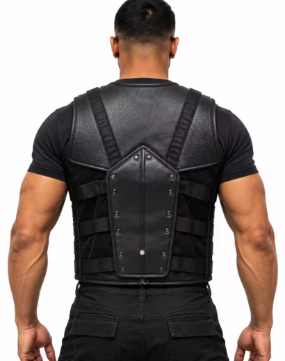 Back of a black leather tactical vest on a mannequin, displaying the riveted center panel, textured leather surface, broad shoulder straps and adjustable side webbing.
