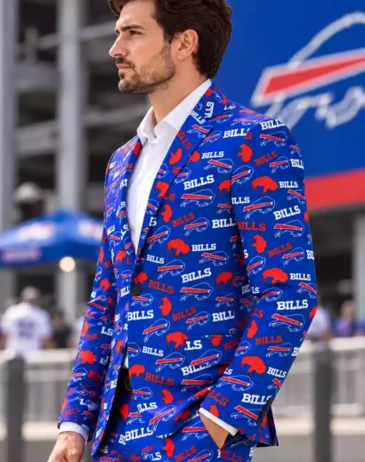 Blue football blazer for men shown in a stylish side profile