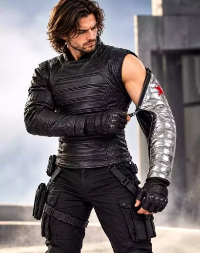 Bucky Barnes Winter Soldier black leather jacket with detachable metallic silver sleeve shown on male model