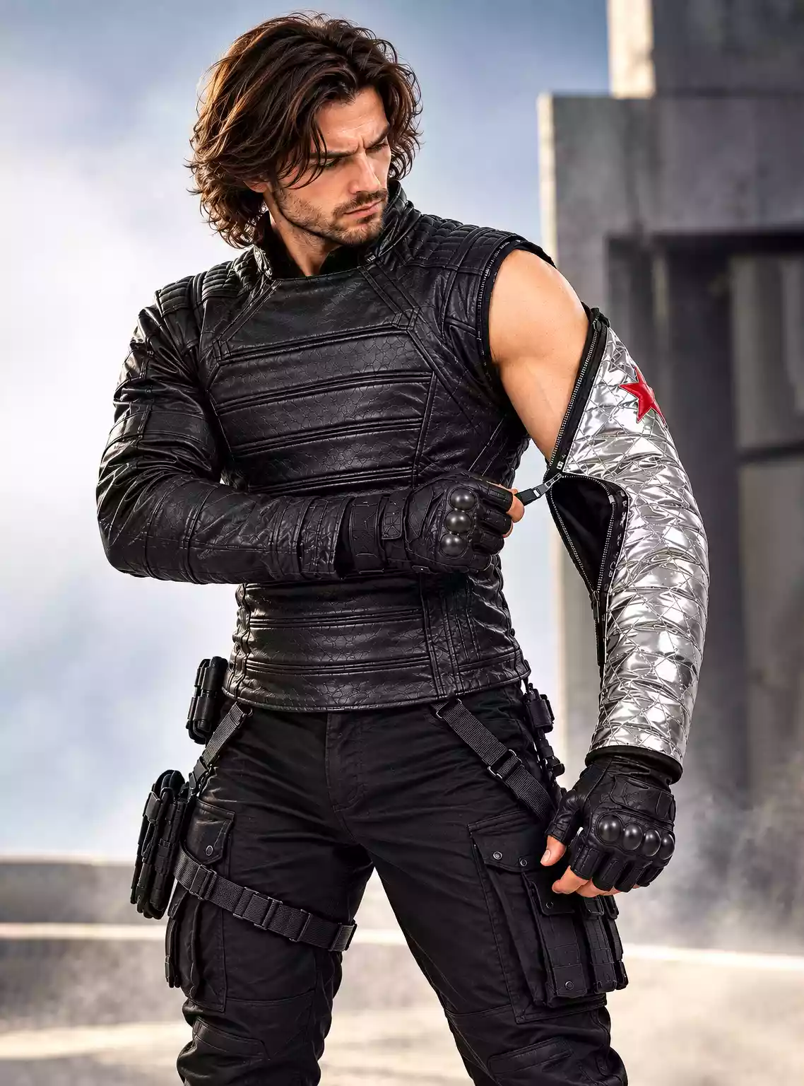 bucky-barnes-winter-soldier-jacket-detachable-sleeve Bucky Barnes Winter Soldier black leather jacket with detachable metallic silver sleeve shown on male model