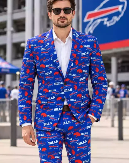 Buffalo Bills blazer for men in blue football print, front view