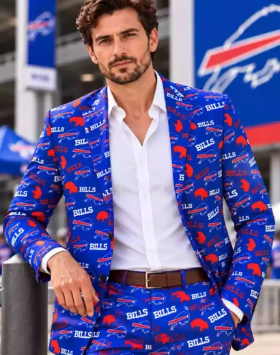 Buffalo Bills blazer for men styled for game day with white shirt and navy trousers