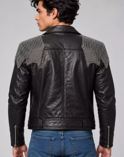 Charles Melton Private K Leather Jacket back view with silver chainmail shoulder panels, black leather construction, and adjustable waist belt.