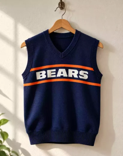 chicago-bears-knit-vest-hanger Chicago Bears knit vest hanging on a wooden hanger against a cream wall, showing its V-neck, orange stripes, and white lettering.