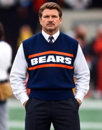 Navy Chicago Bears sweater vest featuring bold white BEARS lettering, orange stripes, and a classic V-neck knitted design.