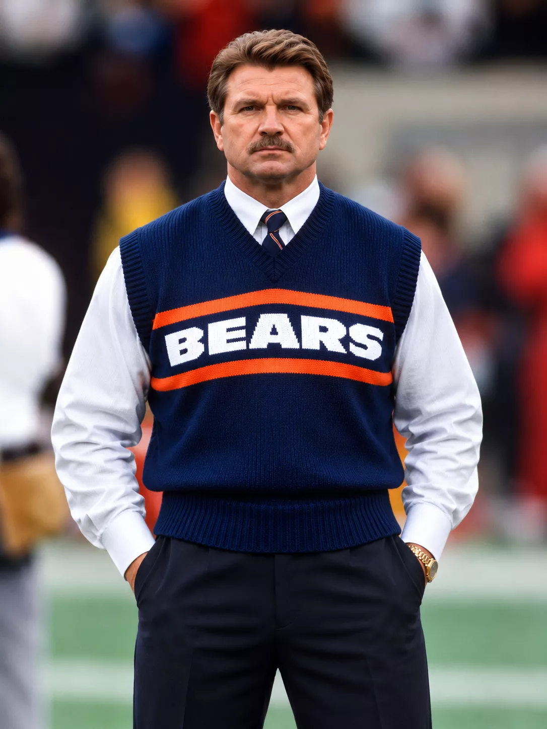 chicago-bears-sweater-vest-front Navy Chicago Bears sweater vest featuring bold white BEARS lettering, orange stripes, and a classic V-neck knitted design.