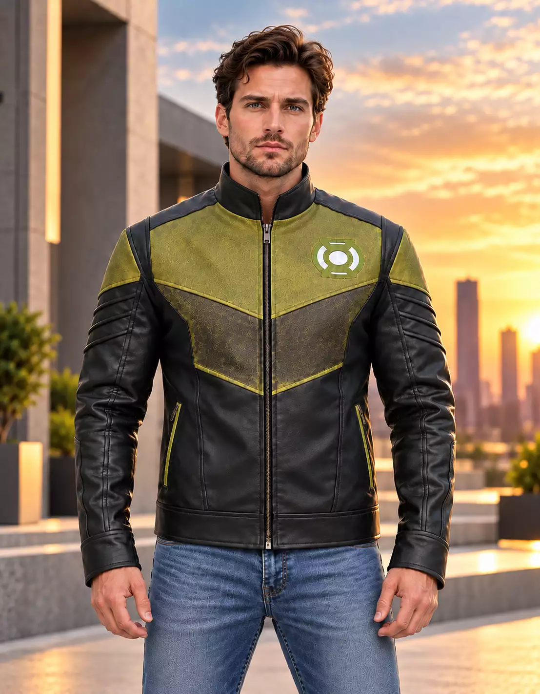 green-lantern-cosplay-jacket-hal-jordan-leather-biker Green Lantern cosplay jacket inspired by Hal Jordan, featuring black and olive leather panels, padded sleeves, high collar and superhero biker design