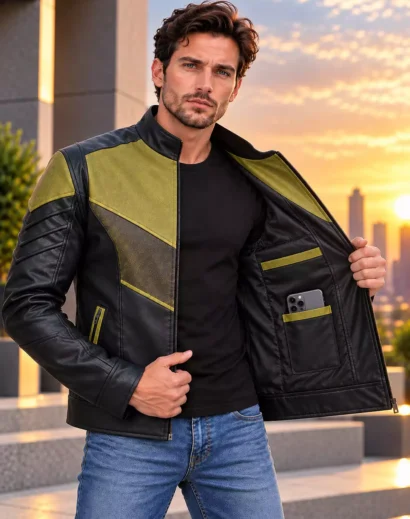 green-lantern-jacket-inner-pocket-cosplay Green Lantern inspired jacket opened to show black inner lining, secure mobile phone pocket, olive trim and leather construction