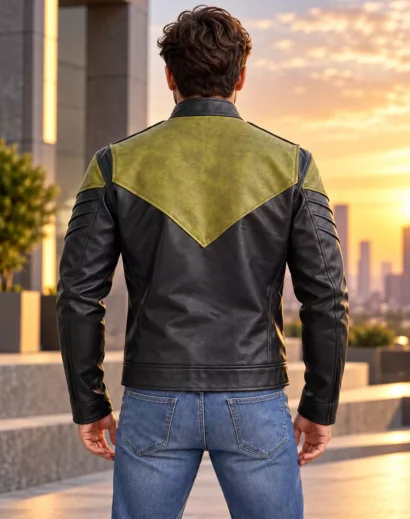 green-lantern-leather-biker-jacket-back-view Green Lantern leather biker jacket back view with olive green chevron panel, black leather construction and detailed stitched sleeves