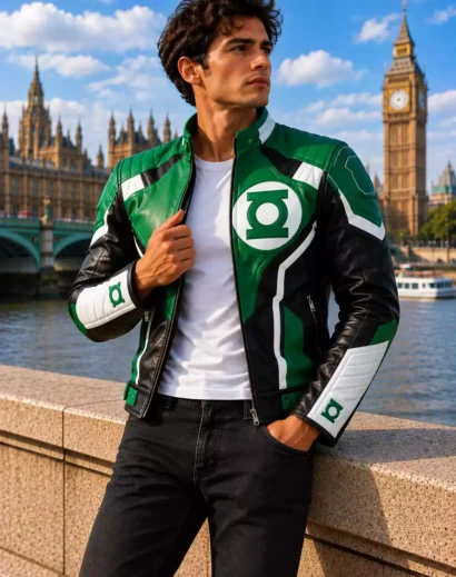 Green leather biker jacket men wearing an open-front jacket over a white T-shirt, showcasing the green, black, and white color-block design.