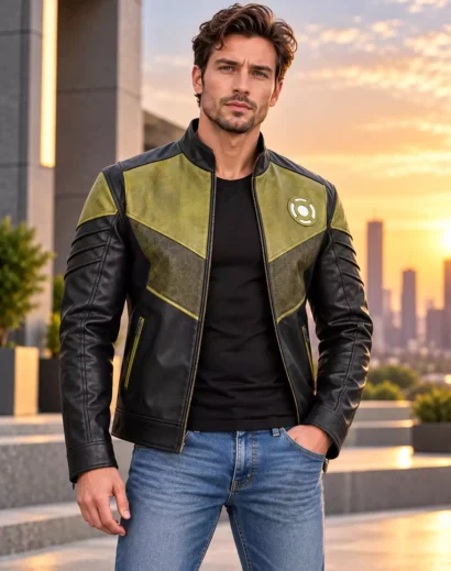 hal-jordan-cosplay-green-leather-jacket-men Hal Jordan cosplay leather jacket for men styled as a green and black superhero biker jacket with textured panels and chest emblem
