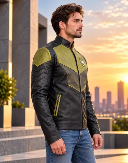 hal-jordan-green-lantern-biker-leather-jacket-side Hal Jordan Green Lantern biker leather jacket side view showing detailed sleeves, olive green panels, zippered pockets and tailored fit