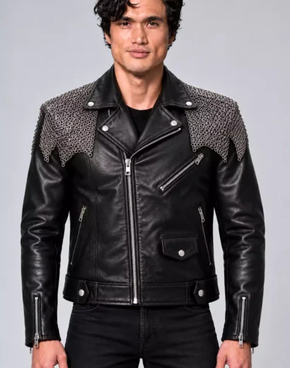 Her Private Hell Movie Jacket close-up showing silver chainmail shoulders, multiple silver zipper pockets, and detailed black leather craftsmanship.