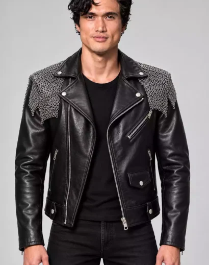 Her Private Hell Charles Melton Black Leather Jacket featuring an asymmetrical front zipper, silver chainmail shoulder detailing, and adjustable waist belt.