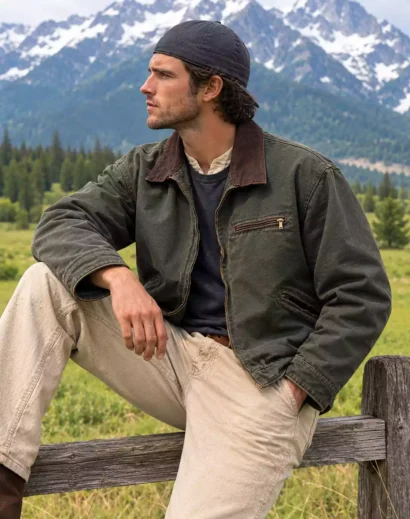 Jacob Elordi Olive Green Jacket with a brown collar, canvas texture, and classic workwear design