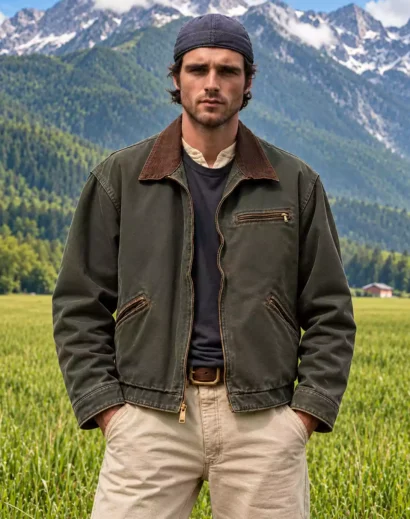 Jacob Elordi The Dog Stars Jacket featuring an olive green body, brown collar, and front zipper