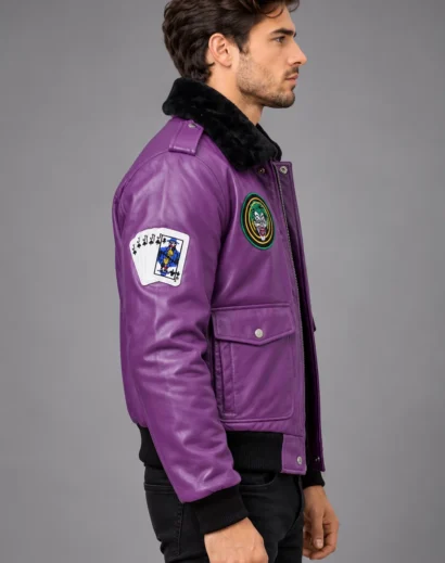Joker-inspired purple bomber jacket for men featuring distinctive character-style chest detailing.