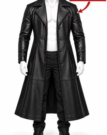 Front view of a long black leather trench coat with wide lapels, a sleek finish and full-length silhouette, photographed separately from the tactical vest.