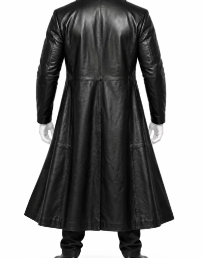 Full back view of a long black leather coat, showcasing the center seam, shoulder construction, smooth leather texture and flared lower panels.