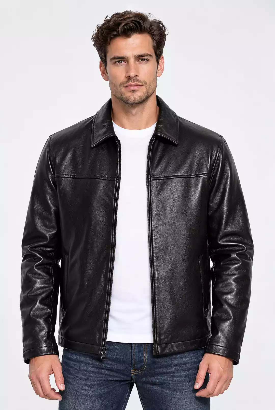 mens-black-genuine-leather-zip-up-jacket-classic-collar Men's black leather jacket with classic shirt collar, front zip closure, premium smooth leather texture, long sleeves and casual timeless design, styled for everyday wear.