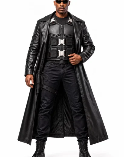 Men's black tactical cosplay outfit with a buckle-detail leather vest, fitted black shirt and cargo pants, styled as a dark action-inspired costume.