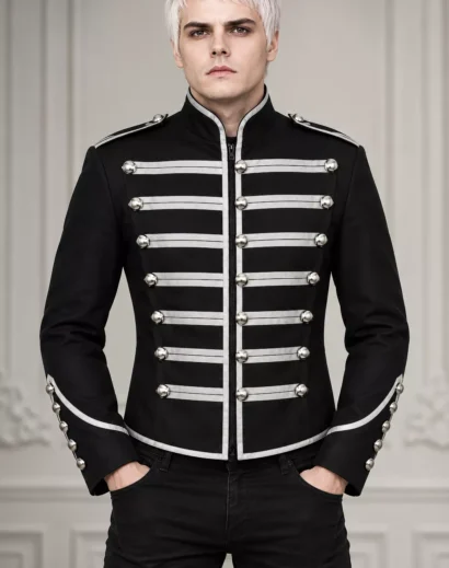 Men's Black Military Drummer Jacket made from wool with silver trim, decorative buttons, and a structured high collar, showcasing a Gothic Military Jacket design with a classic parade uniform style.
