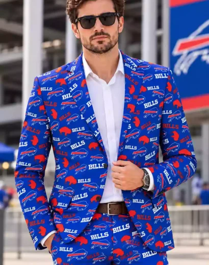 Men's Buffalo Bills sports blazer styled with white shirt for game day