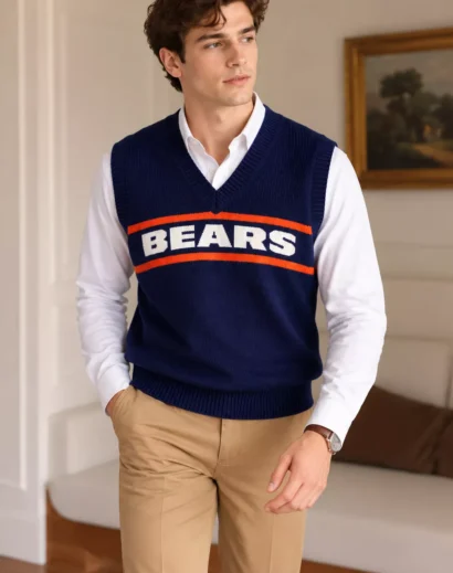 mens-chicago-bears-varsity-vest Men's varsity sweater vest in navy blue with orange stripes, styled over a white button-down shirt and camel trousers.