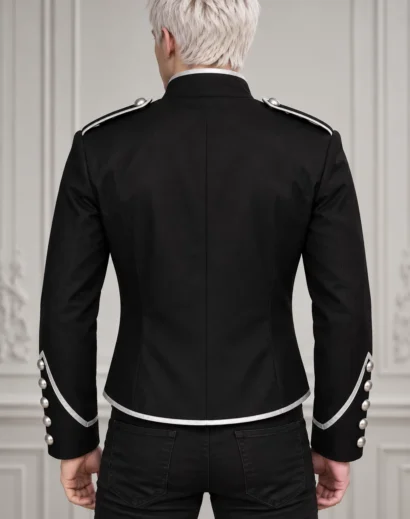 Back view of a Custom Fit Military Band Jacket in black wool with a tailored silhouette, corset back detailing, silver accents, and vintage military uniform styling for Gothic parade and stage performances.