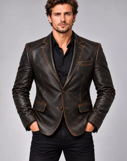 Men's distressed brown black leather blazer featuring a textured finish, notched lapels, and front button closure