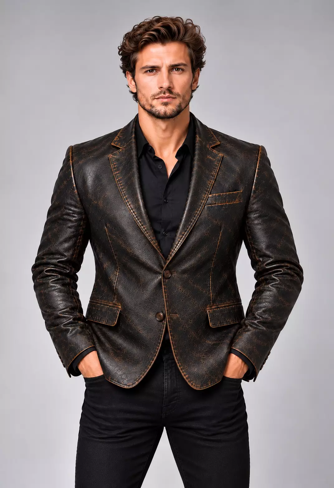 mens-distressed-brown-black-leather-blazer-front Men's distressed brown black leather blazer featuring a textured finish, notched lapels, and front button closure